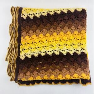 Handmade Vintage Crochet Lap AFGHAN 60s 70s orange brown blanket Star Burst Fans